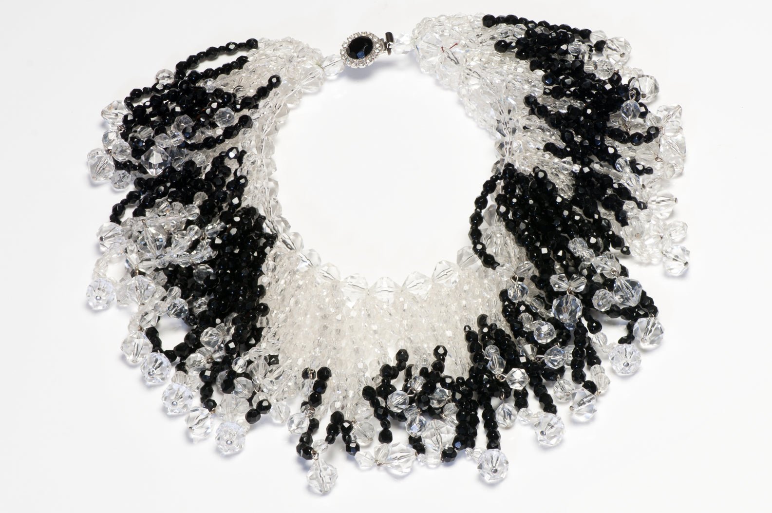 William DeLillo 1970’s Black Clear Crystal Beads Waterfall Collar Necklace