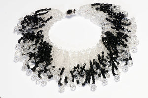 William DeLillo 1970’s Black Clear Crystal Beads Waterfall Collar Necklace