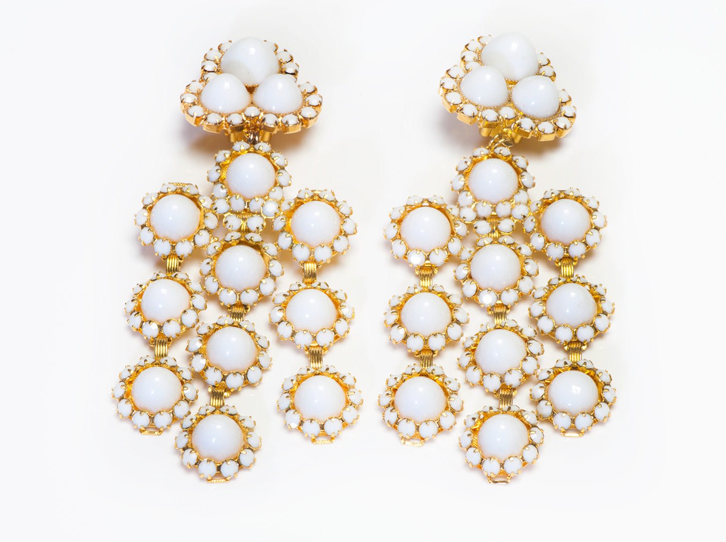 William DeLillo 1970’s Long White Crystal Beads Chandelier Earrings