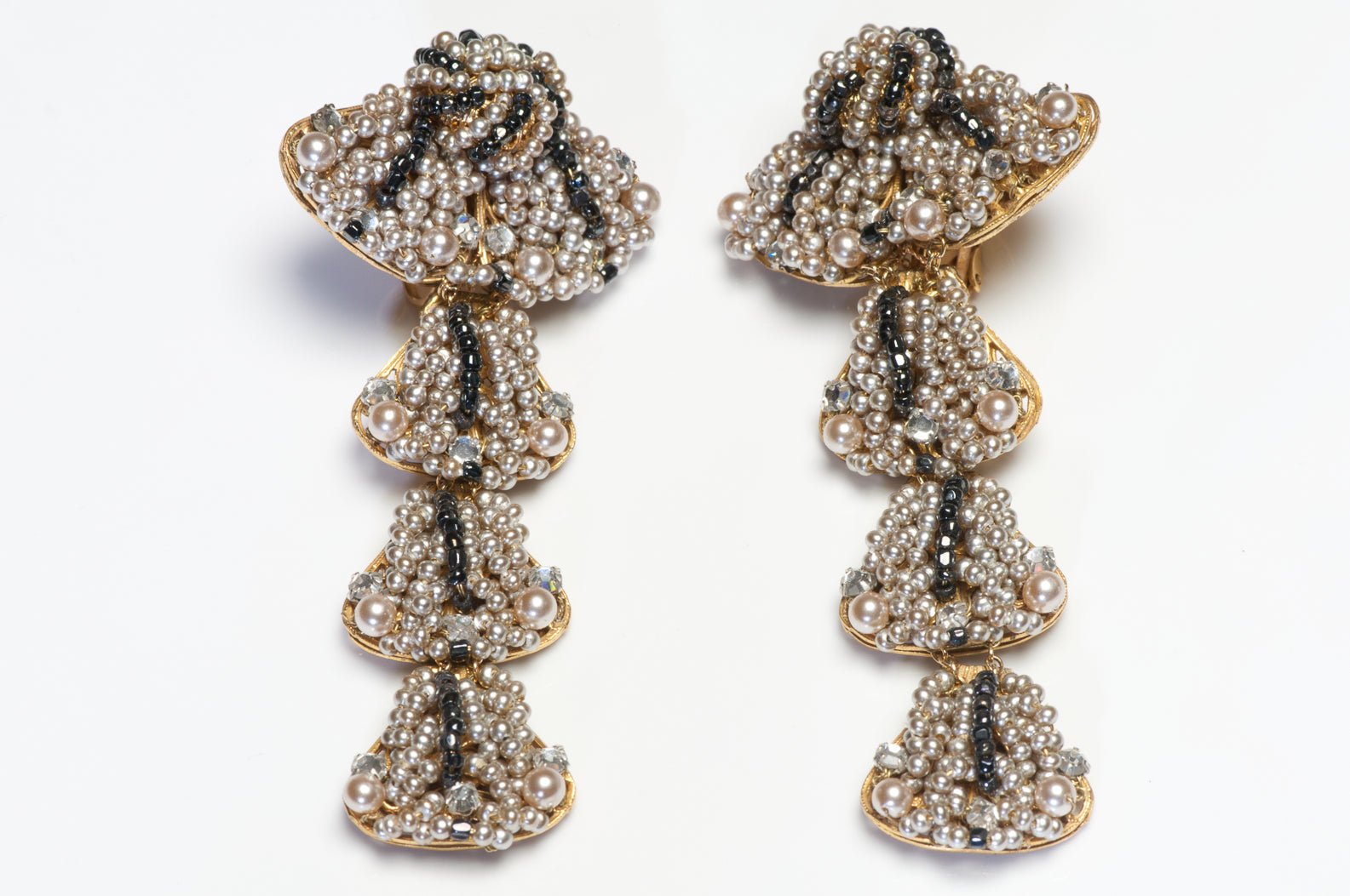 William DeLillo Couture 1970’s Long Pearl Crystal Beaded Drop Earrings
