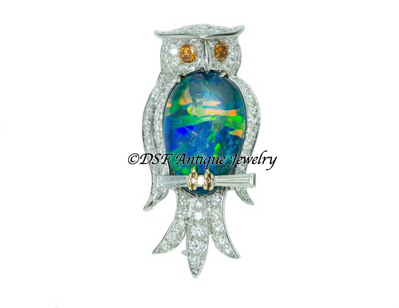 William Ruser Black Opal Diamond Platinum Owl Brooch
