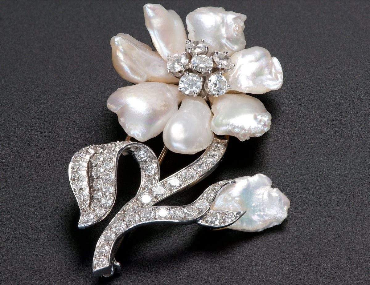 William Ruser Platinum Pearl Diamond Brooch
