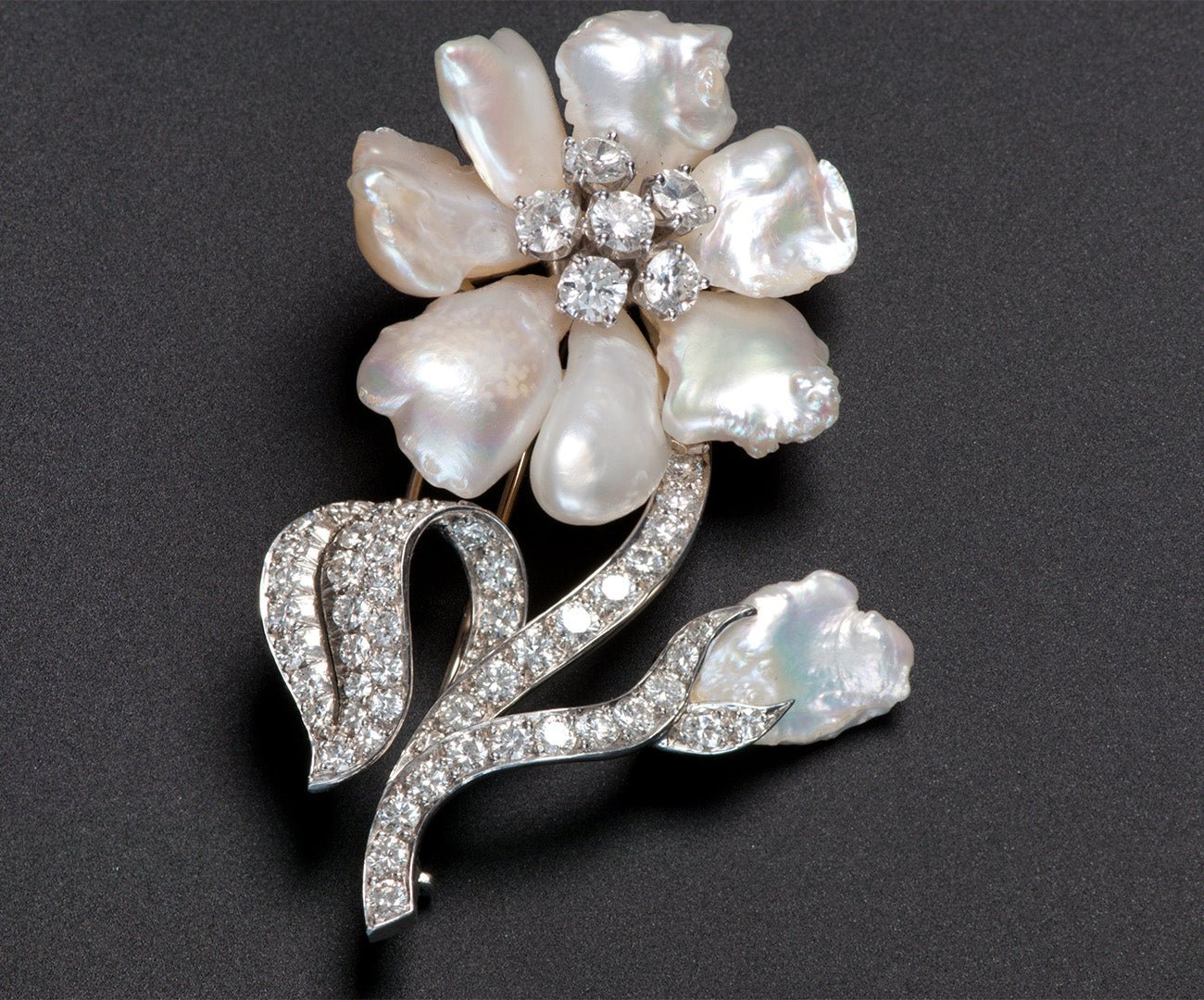 William Ruser Platinum Pearl Diamond Brooch