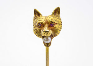 Antique Gold Stick Pin by Carter Gough & Co. with Ruby, Pearl, and Wolf Design