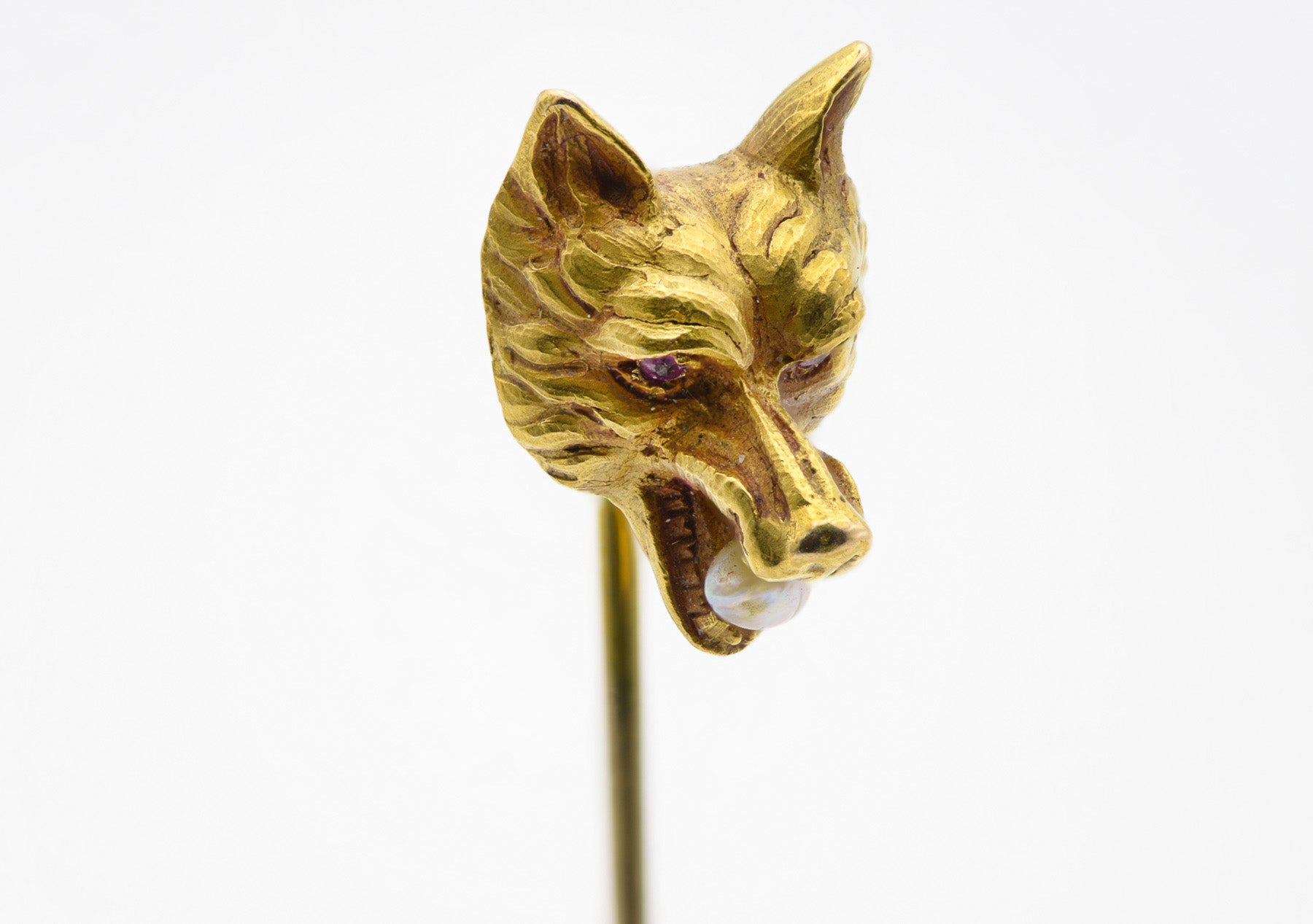 Antique Gold Stick Pin by Carter Gough & Co. with Ruby, Pearl, and Wolf Design