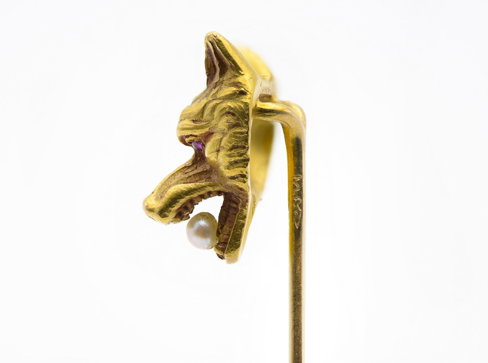 Antique Gold Stick Pin Carter Gough & Co. Ruby, Pearl, and Wolf Design