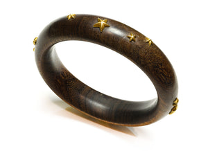 Dark Wood Bangle Bracelet with 18K Yellow Gold Star Accents