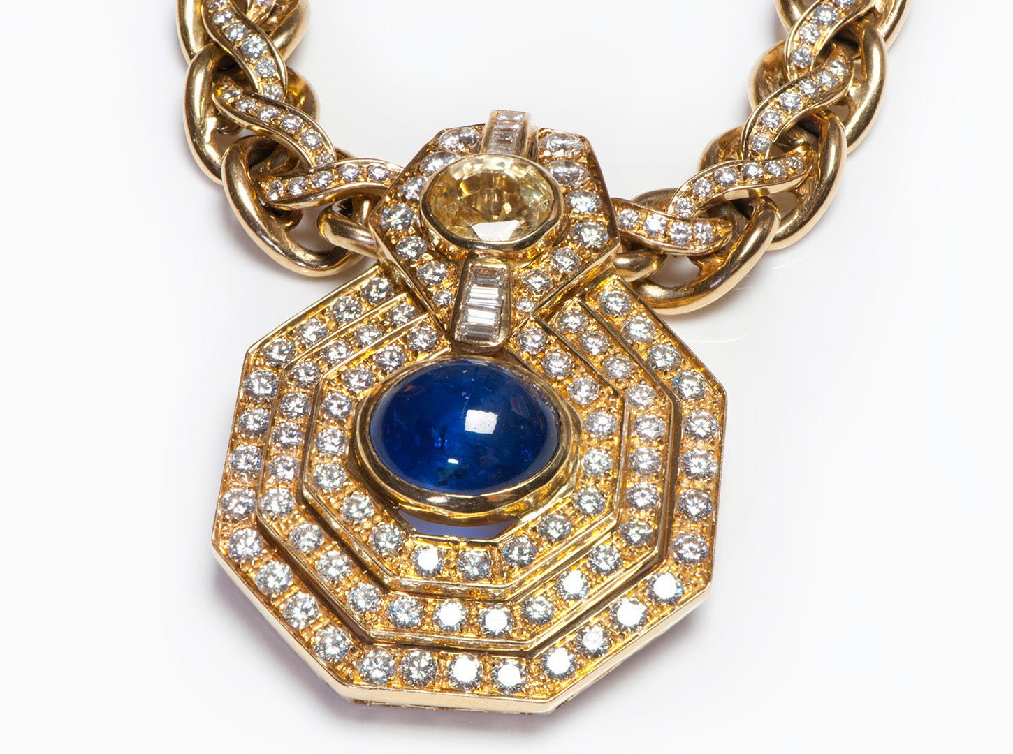 Yellow & Blue Sapphire Diamond 18K Gold Necklace Pendant