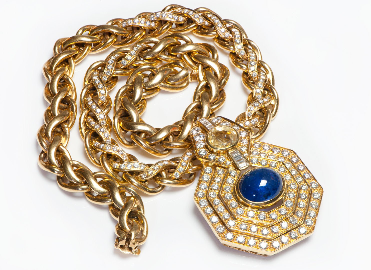 Yellow & Blue Sapphire Diamond 18K Gold Necklace Pendant