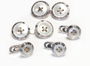 Yellow & White 18K Gold Mother of Pearl Button Cufflink Stud Set