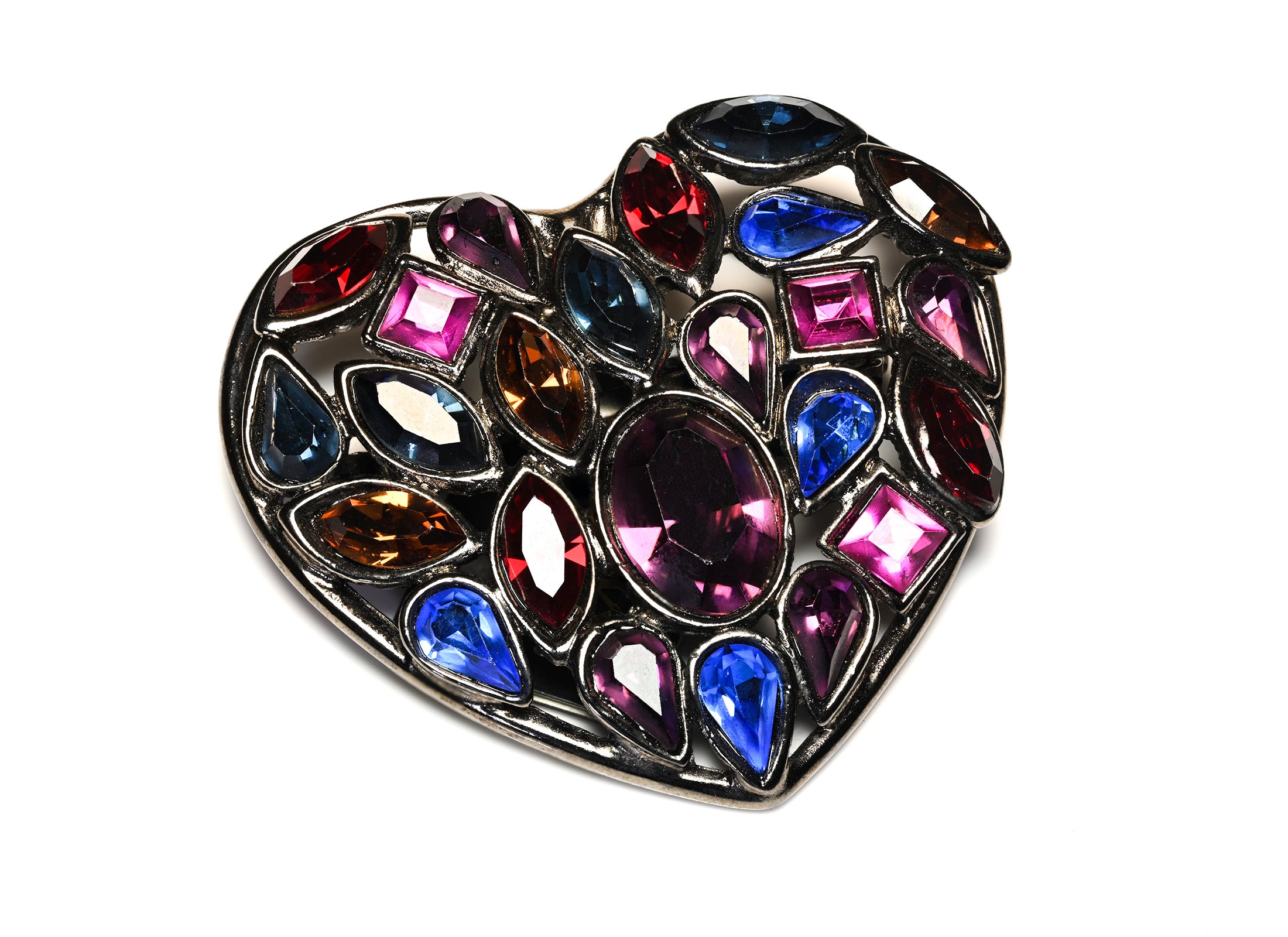 Vintage Yves Saint Laurent Purple Red Blue Crystal Heart Pendant Brooch
