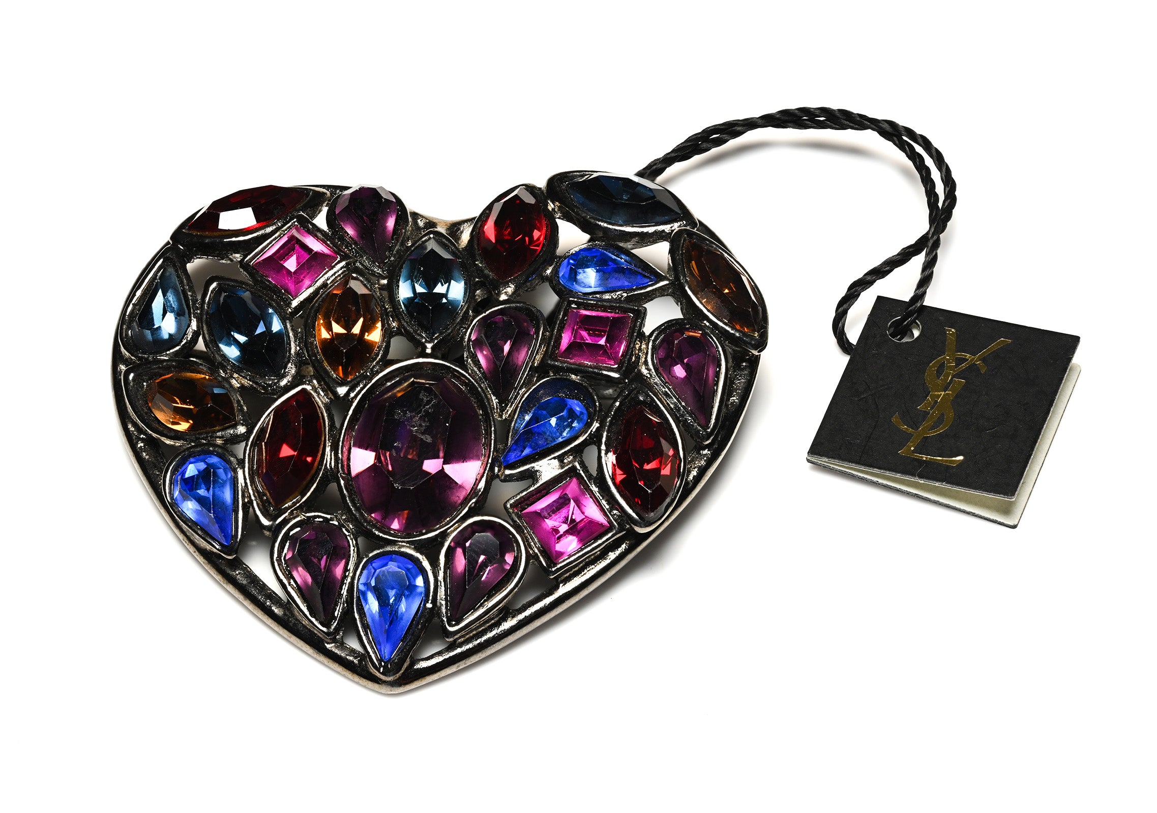 Vintage Yves Saint Laurent Purple Red Crystal Heart Pendant Brooch