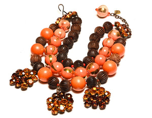 Yves Saint Laurent Rive Gauche Brown Wood Orange Ceramic Beads Necklace