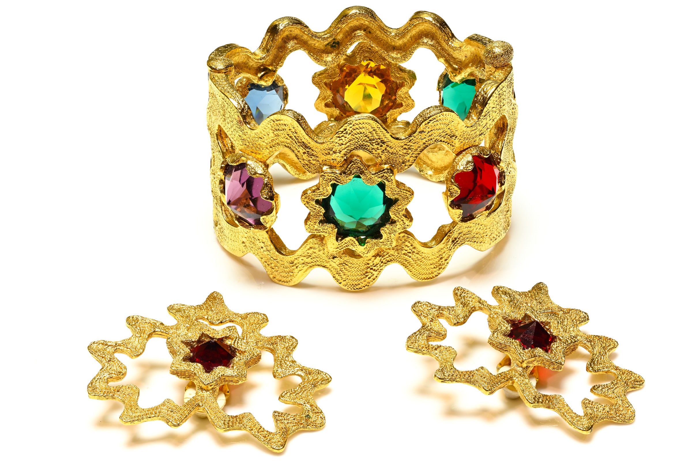 Vintage Yves Saint Laurent Paris Green Red Heart Sun Earrings Bracelet Set 1