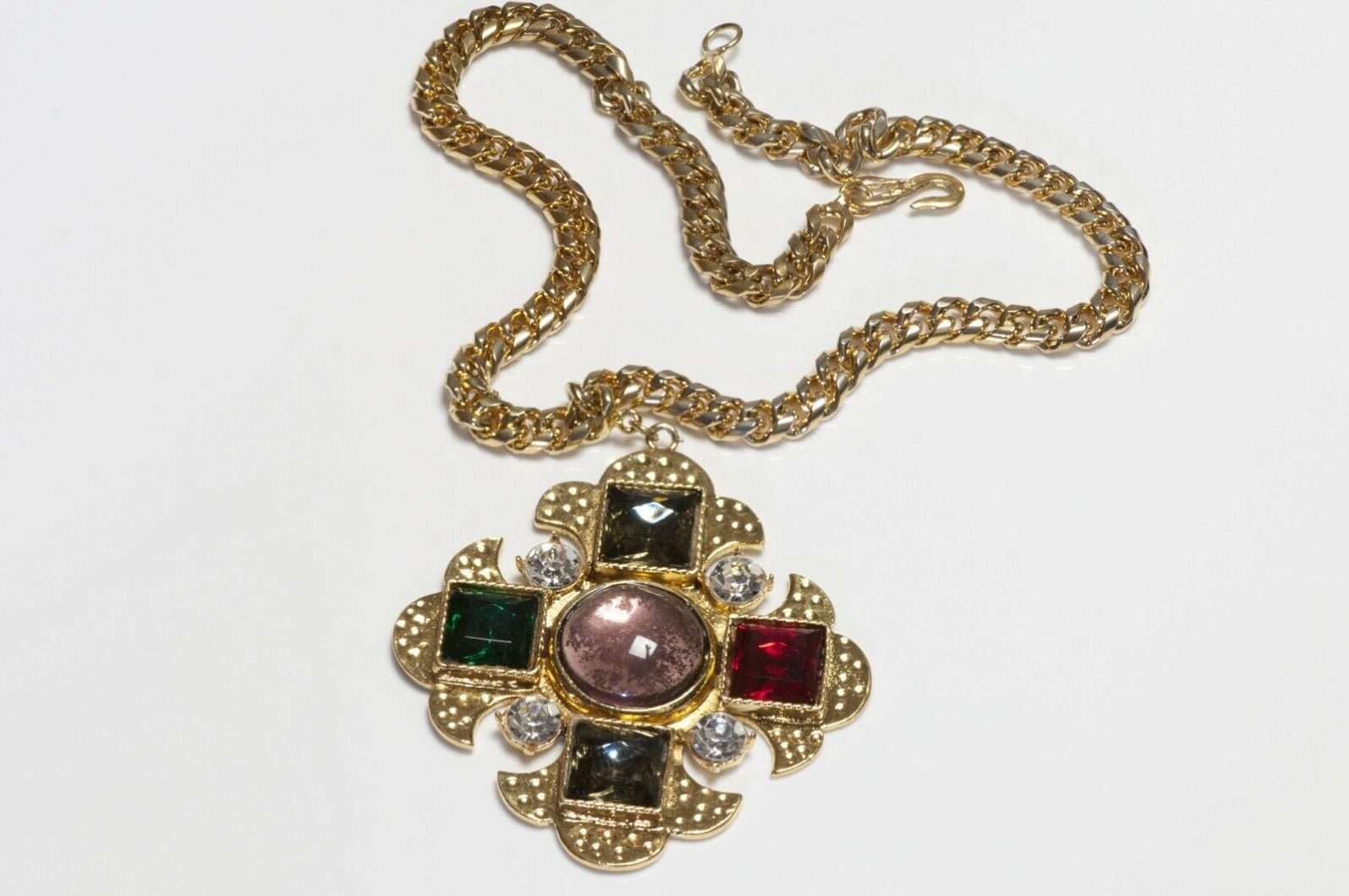 Yves Saint Laurent Green Red Crystal Purple Glass Cross Pendant Necklace