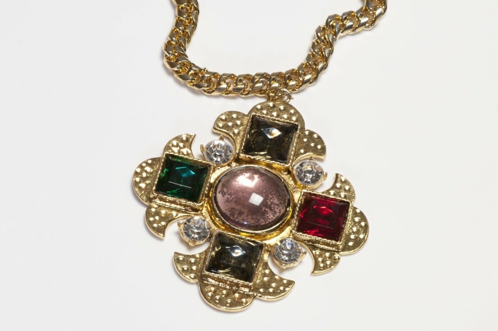 Yves Saint Laurent Green Red Crystal Purple Glass Cross Pendant Necklace