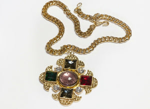 Yves Saint Laurent Green Red Crystal Purple Glass Cross Pendant Necklace