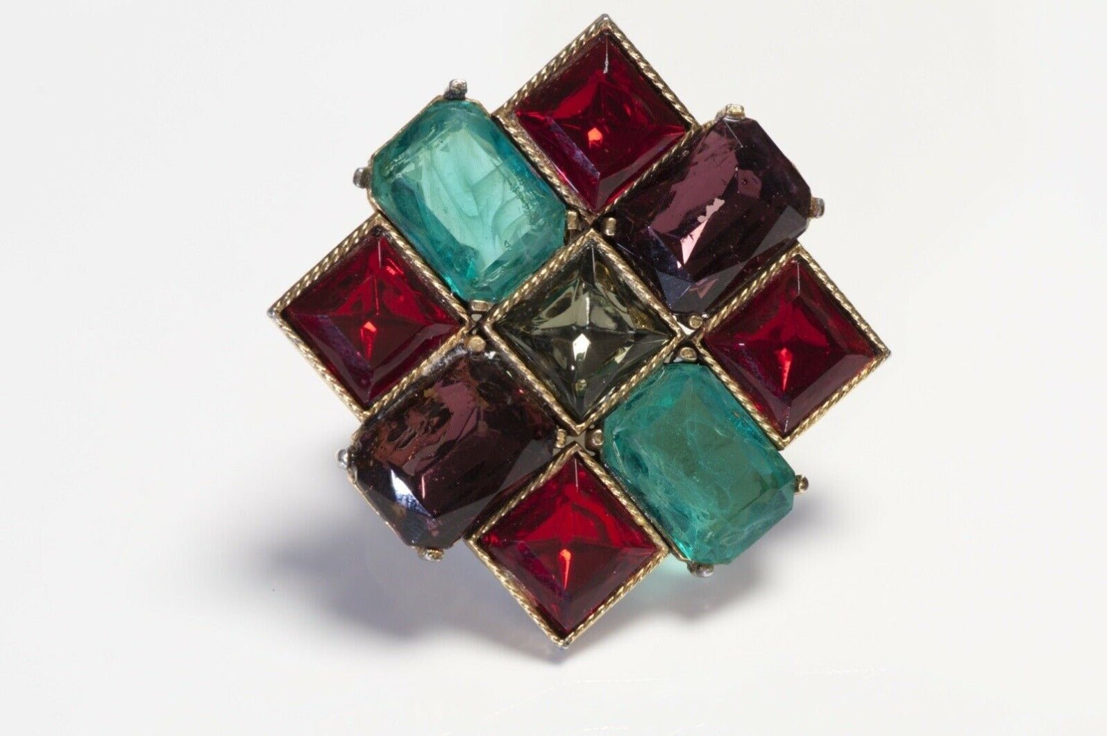 Yves Saint Laurent Paris Green Red Purple Crystal Pendant Brooch