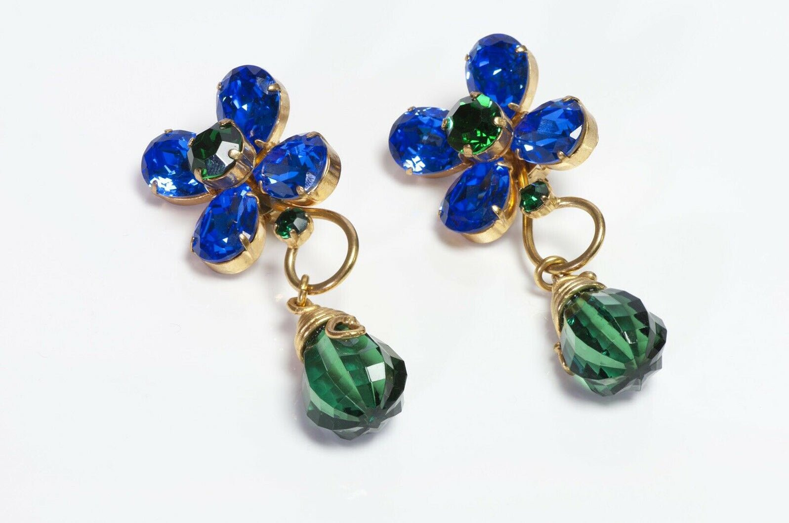 Yves Saint Laurent Rive Gauche Blue Green Crystal Flower Earrings