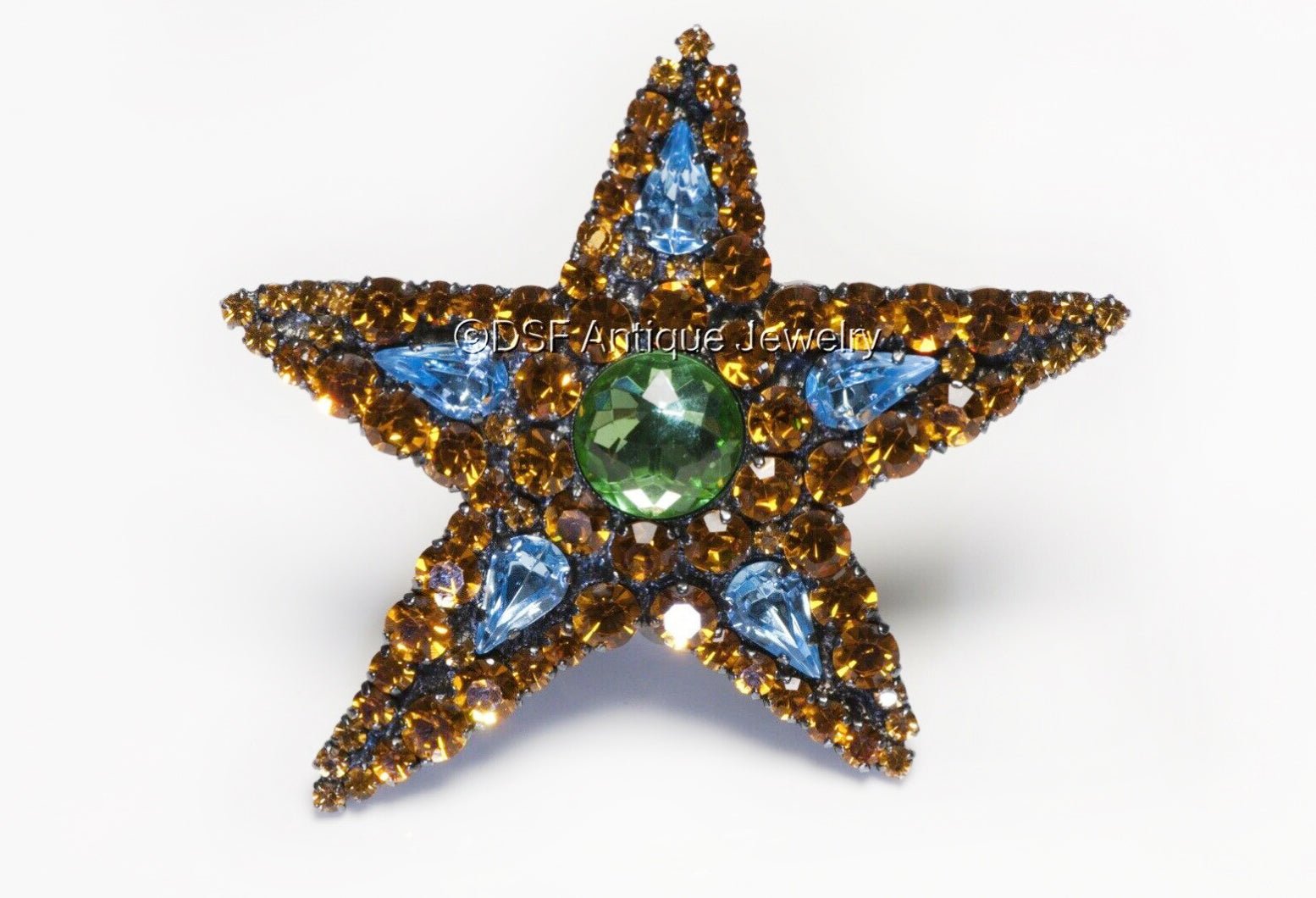 Yves Saint Laurent Rive Gauche Blue Yellow Green Crystal Star Pendant Brooch