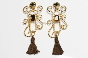 Yves Saint Laurent Rive Gauche Long Brown Green Crystal Tassel Earrings