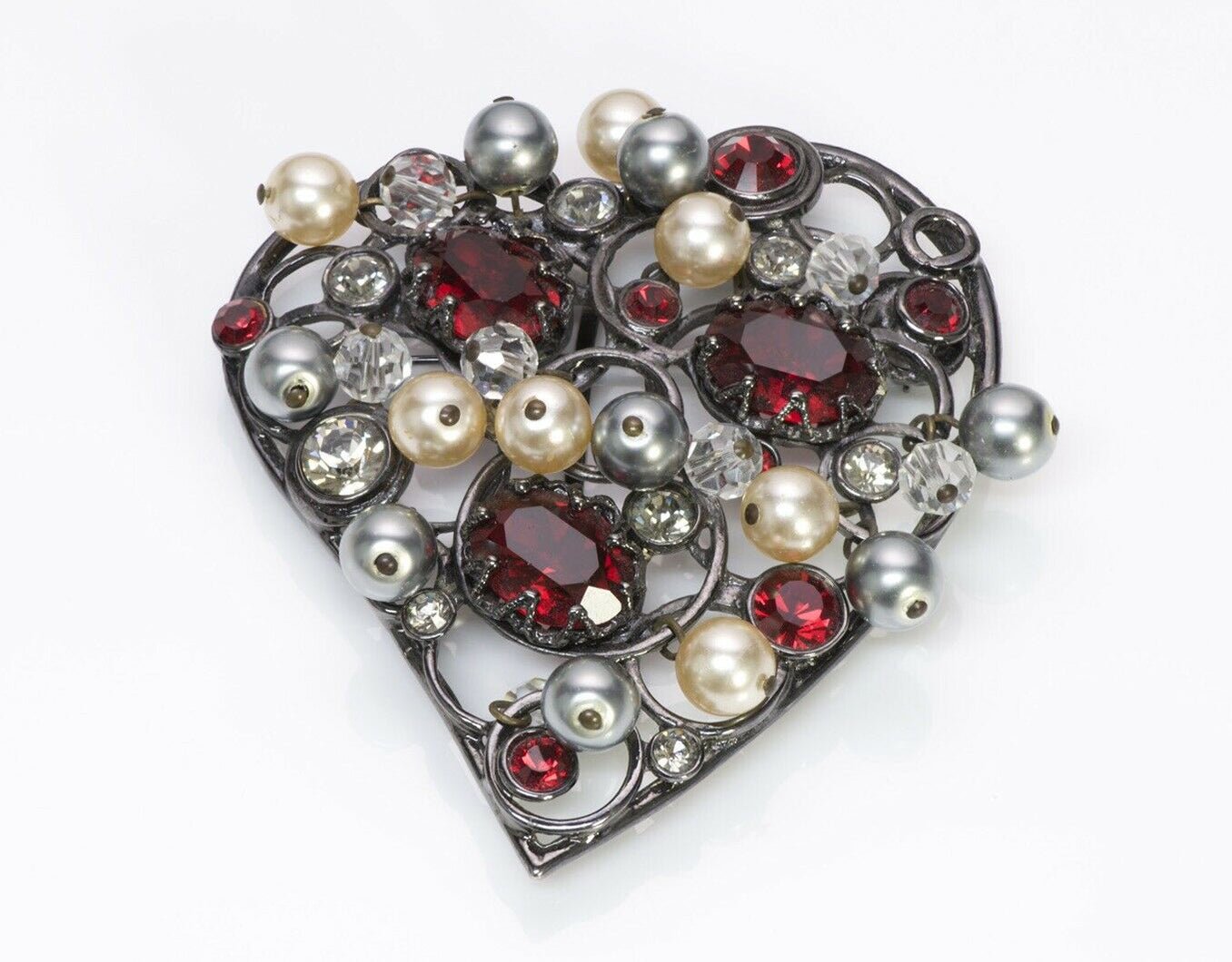 Yves Saint Laurent YSL 1980’s Crystal Pearl Heart Pendant Brooch