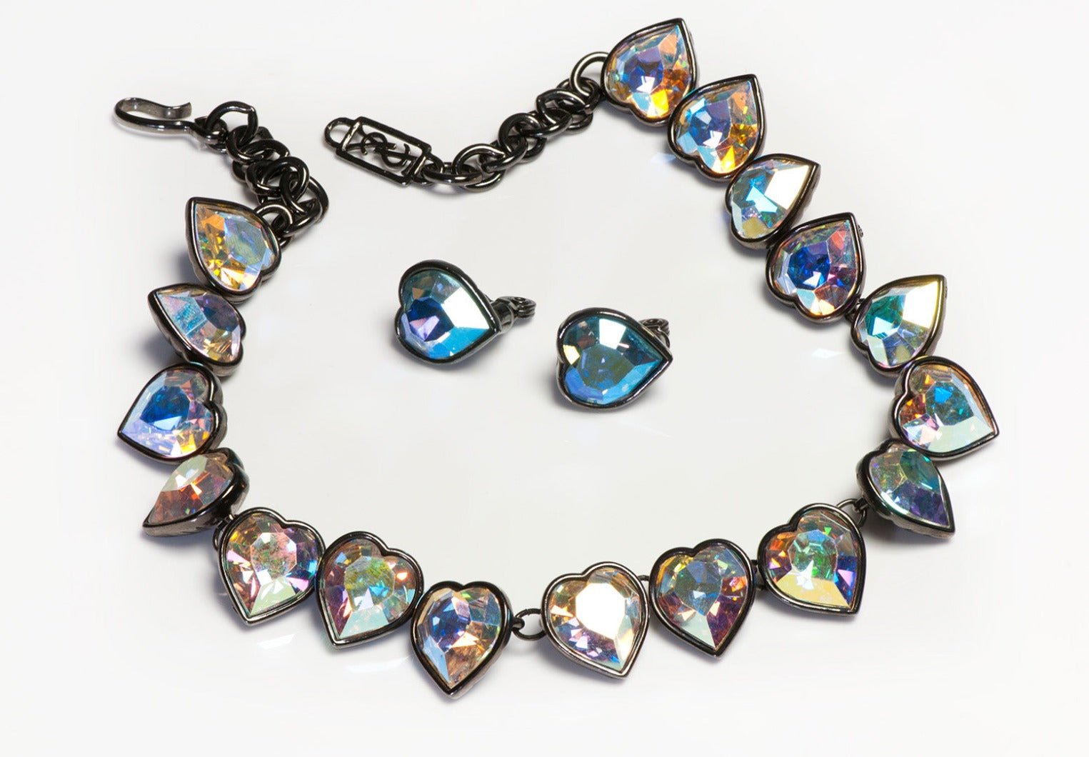 Yves Saint Laurent YSL Iridescent Crystal Heart Earrings Necklace Set