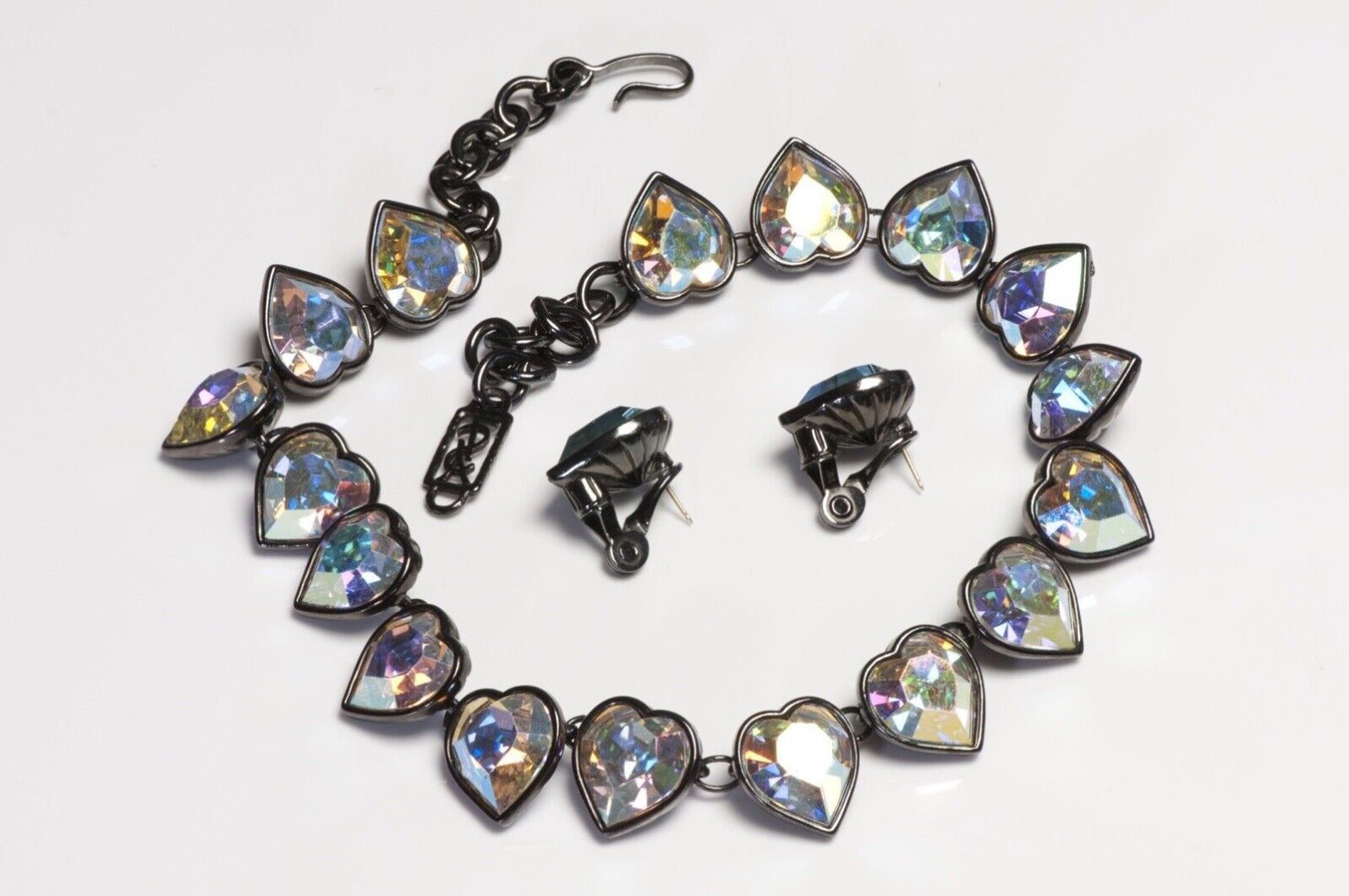 Yves Saint Laurent YSL Iridescent Crystal Heart Earrings Necklace Set