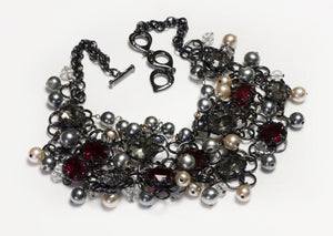 Yves Saint Laurent YSL Red Gray Crystal Faux Pearl Tassel Bib Necklace