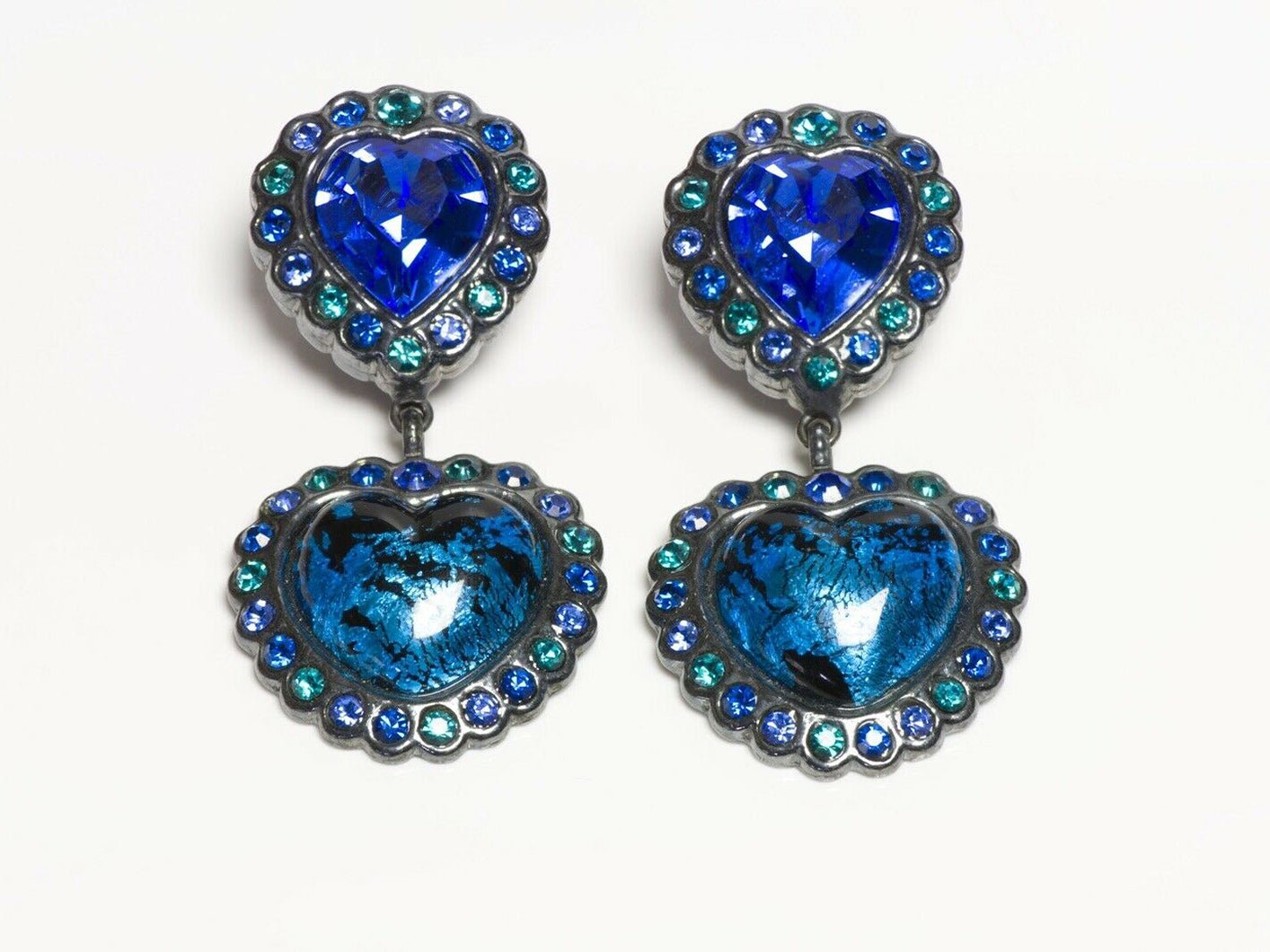 Yves Saint Laurent YSL Rive Gauche Long Blue Green Crystal Glass Heart Earrings