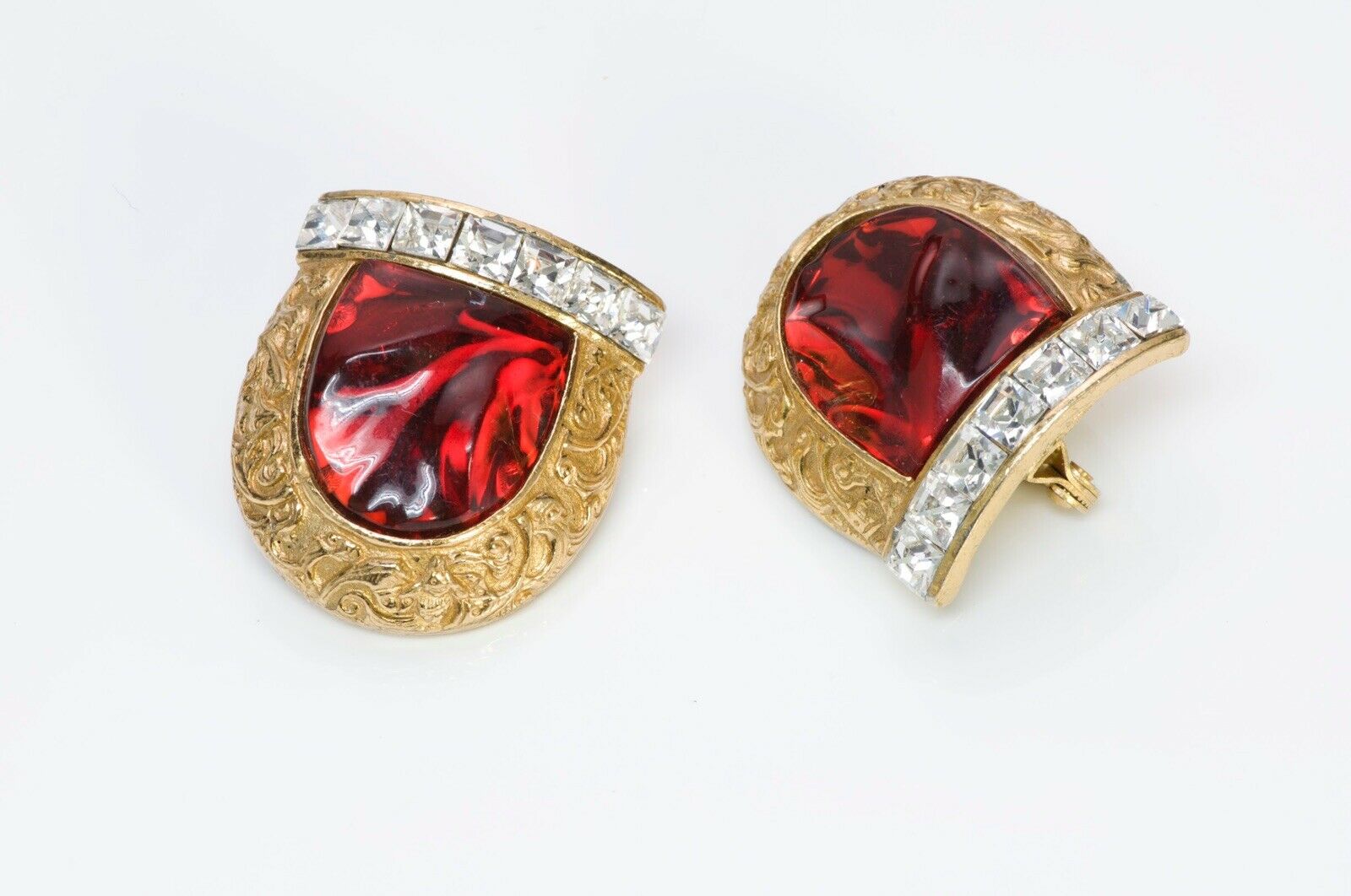 Yves Saint Laurent YSL Robert Goossens Red Glass Crystal Horseshoe Earrings