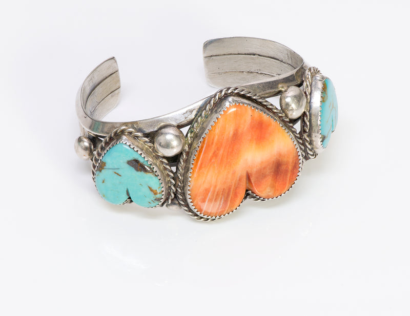 Native American Indian Coral Heart Sterling Cuff 