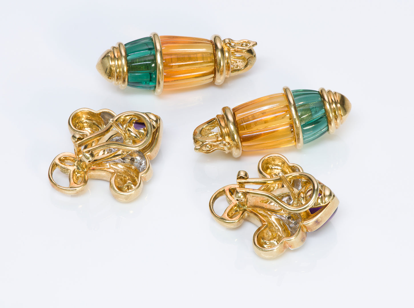 Vintage 18K Gold Diamond Citrine Tourmaline & Amethyst Earrings Detachable Drops