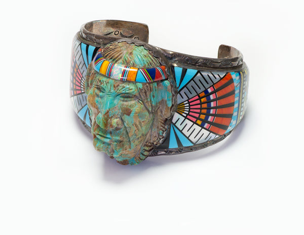 Ronnie Ramil Glodove RRG American Indian Silver Face Inlay Cuff Bracelet